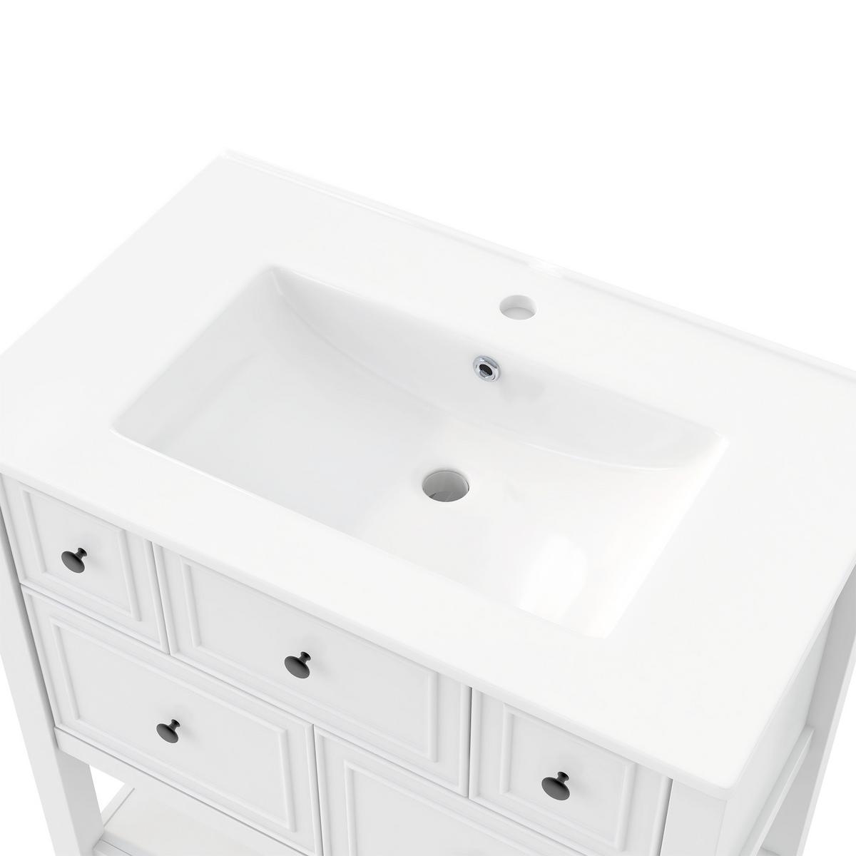 WASCHTISCH Freistehend Weiß mit Keramikbecken, 5 Schubladen & Ablage - Weiß, Holzwerkstoff (76/82/46.5cm) - Urban Meuble