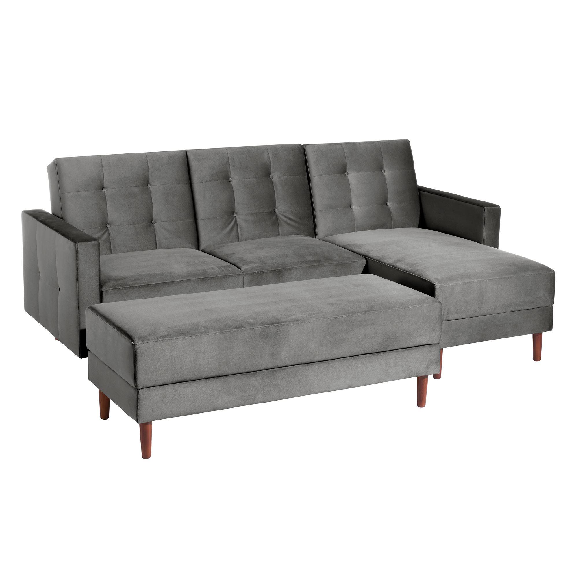 FUNKTIONSSOFA mit Hocker Katunia Samtvelours grau - Grau, Kunststoff (222/92/144cm) - 58aufmkessel