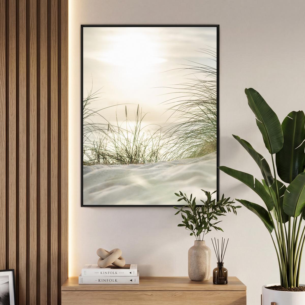 LEINWAND Bilder mit Rahmen - Dünen mit Strandhafer in der Sonne des Nationalparks Schleswig-Holsteinisches Wattenmeer - 70x100 - Creme, Textil (70/100cm) - MuchoWow