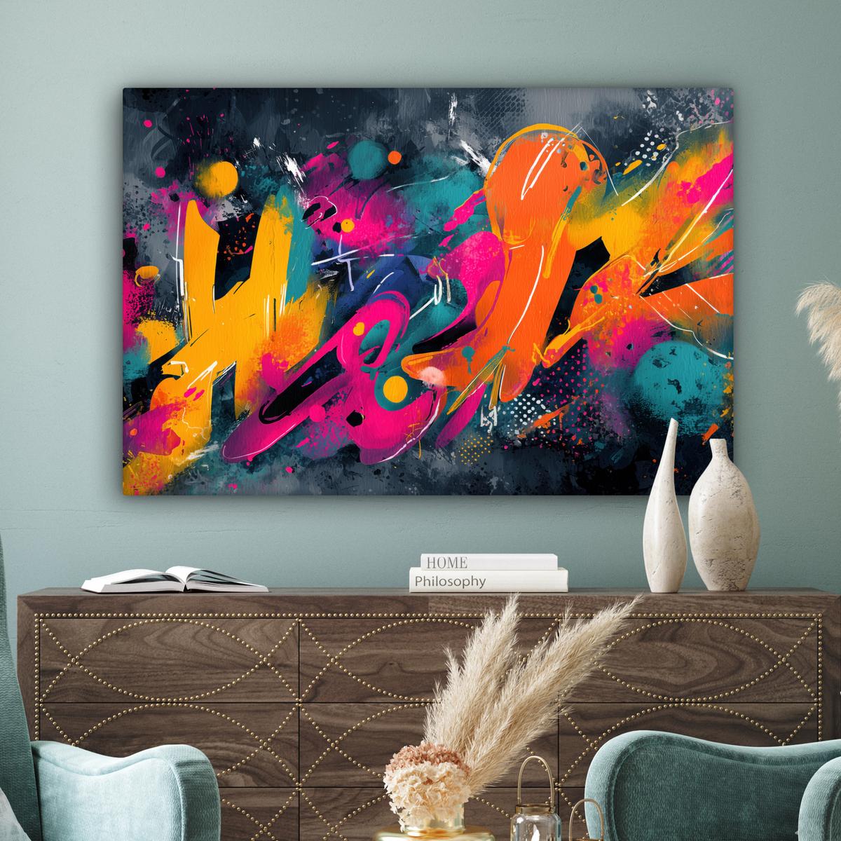 LEINWANDBILD Abstrakt - Graffiti - Farbenfroh - Farbspritzer Groß 140x90 cm - Multicolor, Textil (140/90cm) - MuchoWow