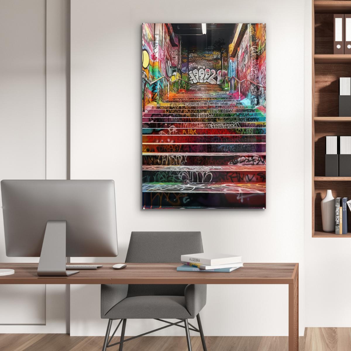 ACRYLGLASBILD Treppe - Graffiti - Farben - Kunst 80x120 cm - Multicolor, Glas (80/120cm) - MuchoWow