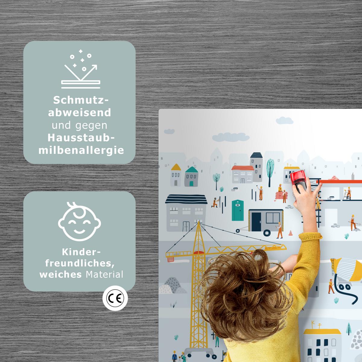 KINDERTEPPICH Baustelle - Traktor - Bagger - Auto - Design Spielmatte 105x70 cm - Hellblau, Kunststoff (105/0.3cm) - OnlyWow