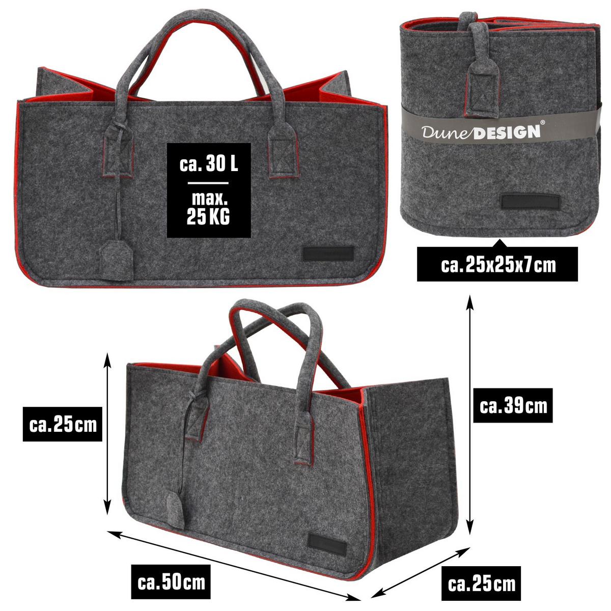 FILZTASCHE, 50x25x25 cm, Grau - Rot, Kunststoff (50/25/25cm) - Dunedesign