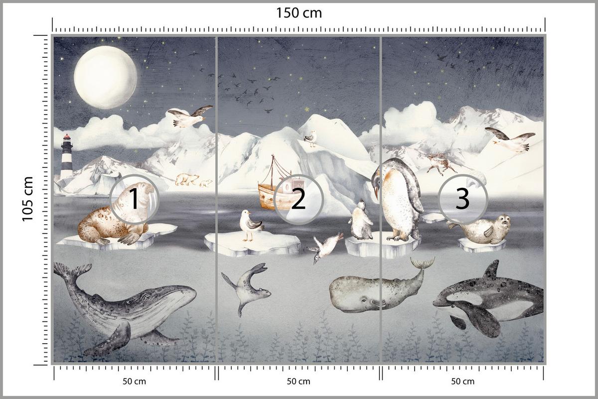 FOTOTAPETE für Kinderzimmer Arktische Tiere Pinguine Robben Mond Gebirge 150x105 - Orange/Weiß, Papier (150/105cm) - Muralo