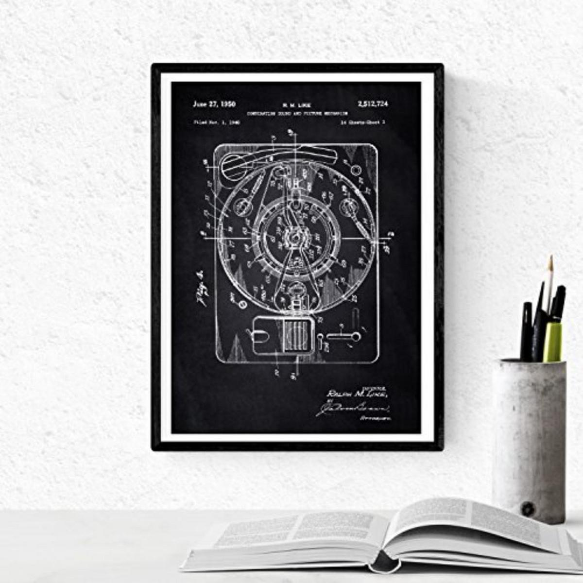 POSTER Set mit 4 Schwarz Drehscheibe Patenten A4 Schwarzer Rahmen - Schwarz, Papier (29.7/3cm) - Nacnic
