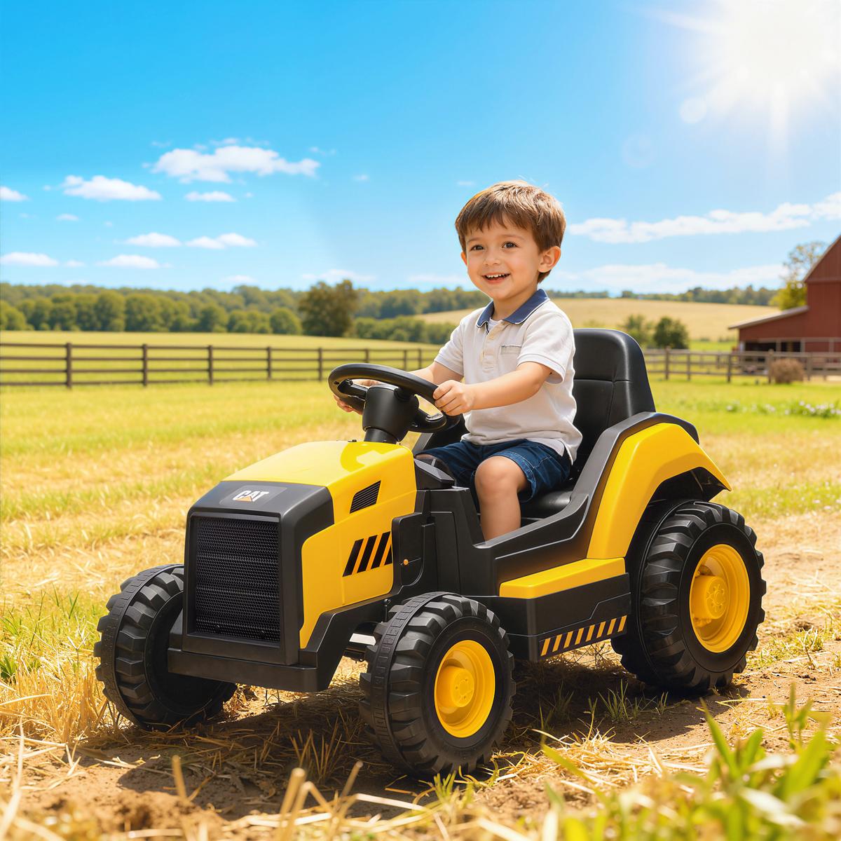 ELEKTRISCHER Traktor Offiziell CAT-lizenziert 12 V Aufsitztraktor mit Musik - Gelb, Kunststoff (100/63/56cm) - AIYAPLAY