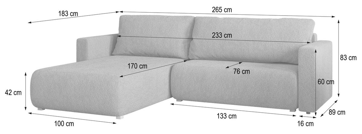 ECKSOFA TURIN N Beige Bucle-Stoff mit Schlaffunktion - Beige/Grau, Holz/Kunststoff (265/183cm) - MASSENO