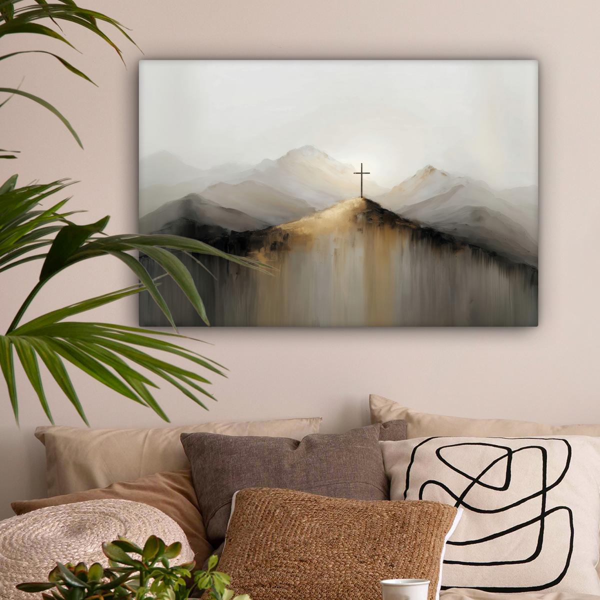 LEINWANDBILD Hügel - Abstrakt - Kreuz - Christentum Wanddeko 90x60 cm - Beige, Textil (90/60cm) - MuchoWow