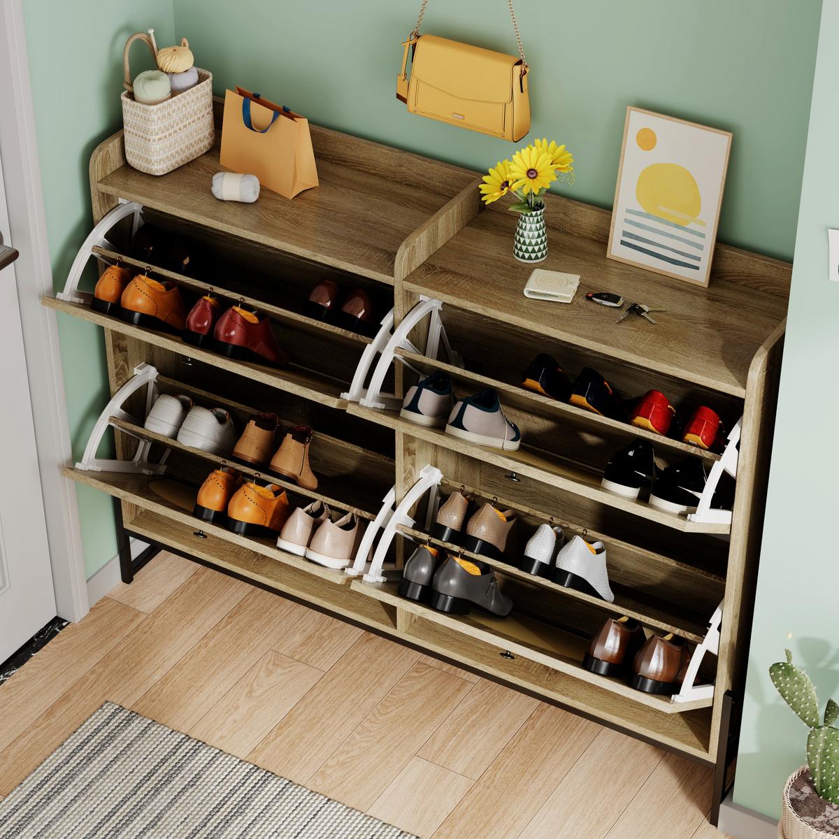 SCHUHSCHRANK mit 4 Klapptüren, Holz, Beige - Naturfarben, Textil (118/91.5/25cm) - Urban Meuble