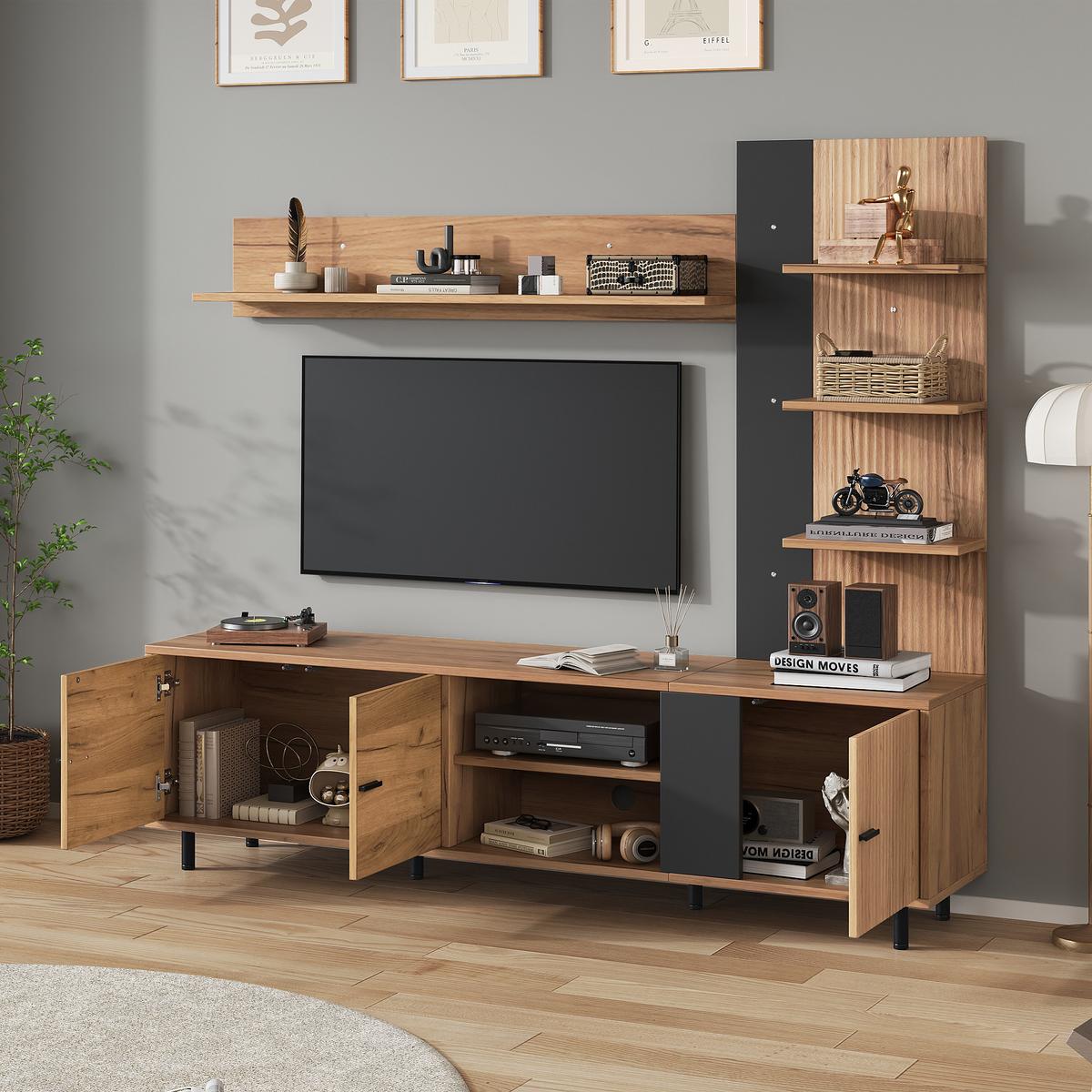 TV LOWBOARD set holz schwarz modern stauraum - Naturfarben, Holzwerkstoff (187.5/167/40cm) - Urban Meuble