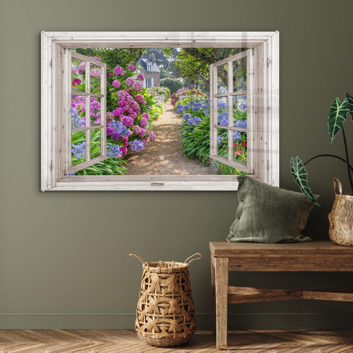 ACRYLGLASBILD Hortensie - Durchsichtig - Blumen - Sommer - Lila - Weg Wandbild Schlafzimmer 120x80 cm - Lila, Glas (120/80cm) - MuchoWow