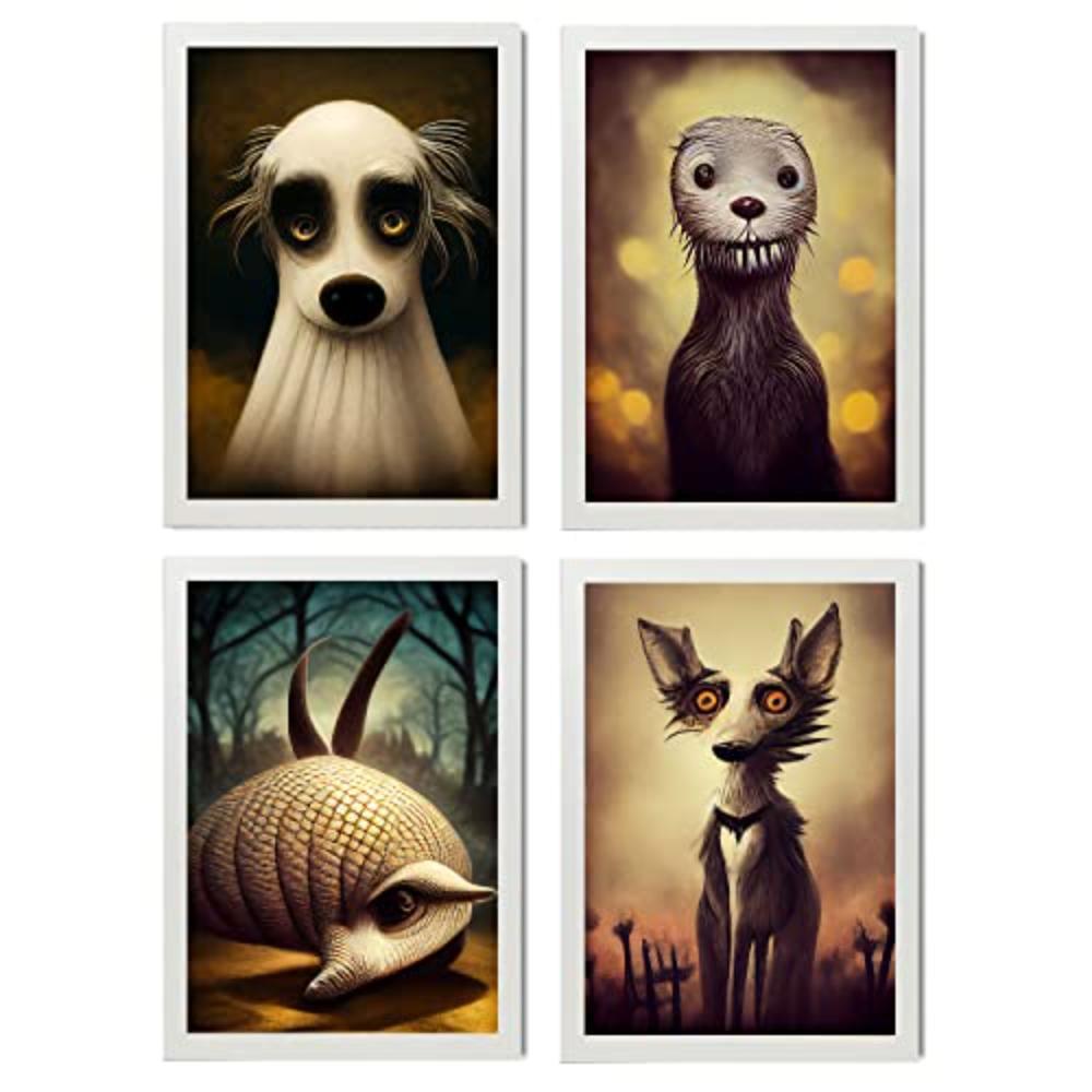 POSTER Set mit 4 Hunde im T Burton Goth Stil A3 Weißer Rahmen - Weiß, Papier (29.7/3cm) - Nacnic