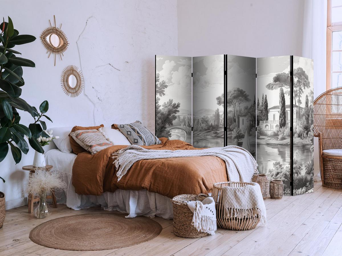 PARAVENT Beidseitig Bedruckter 5-tlg 225x172 cm Retro Fluss Landschaft - Grau, Holz/Textil (225/172/3cm) - Muralo