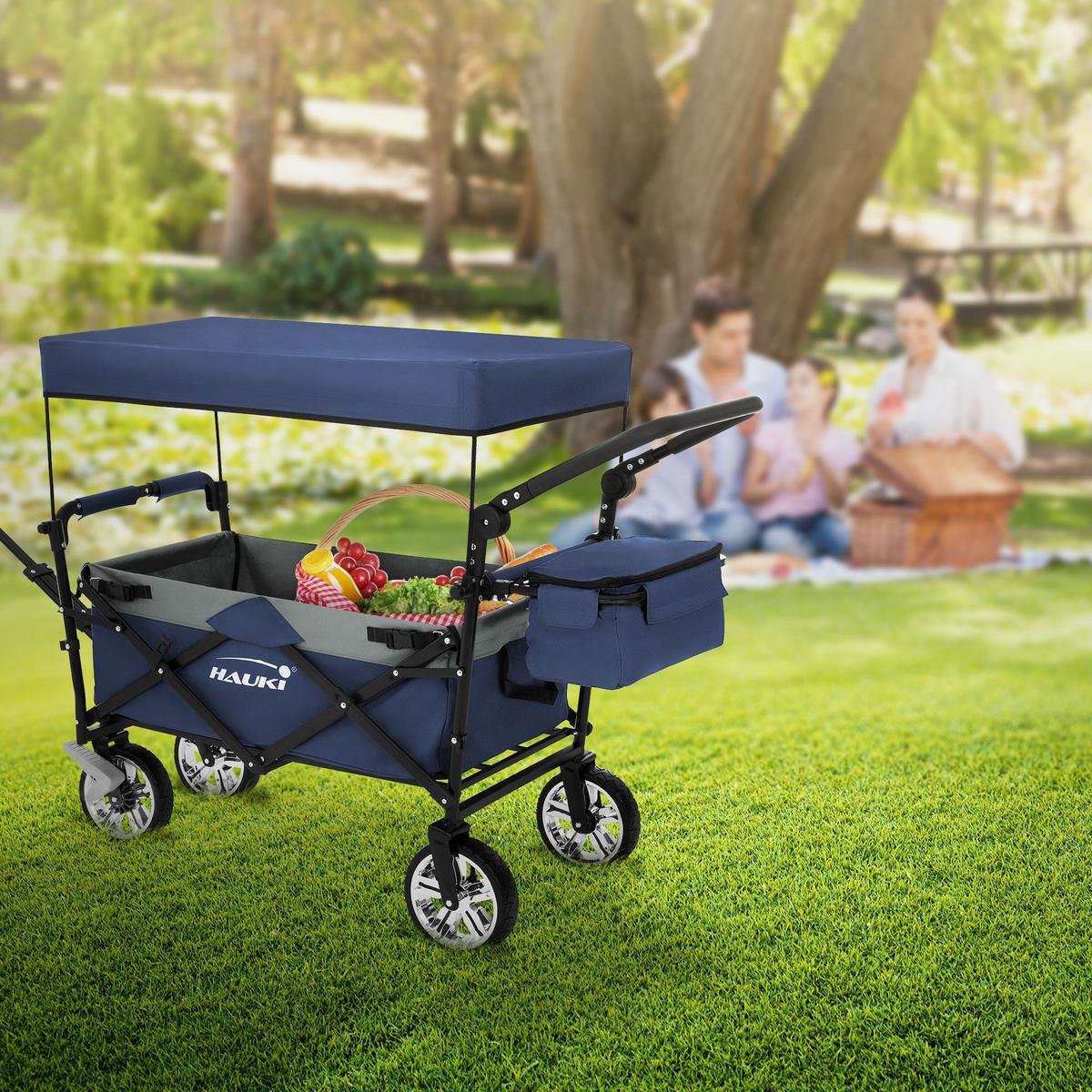 BOLLERWAGEN faltbar mit Dach XXL Blau-Grau Handwagen für Kinder Strand Picknick - Blau, Metall (56/99/196cm) - Hauki