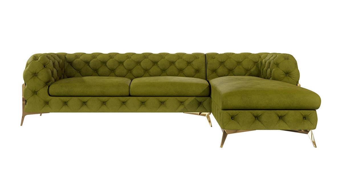 ECKSOFA Chesterfield Lexi Olive Samt, Ottomane rechts - Goldfarben/Olivgrün, Holz/Textil (305/200cm) - S-Style