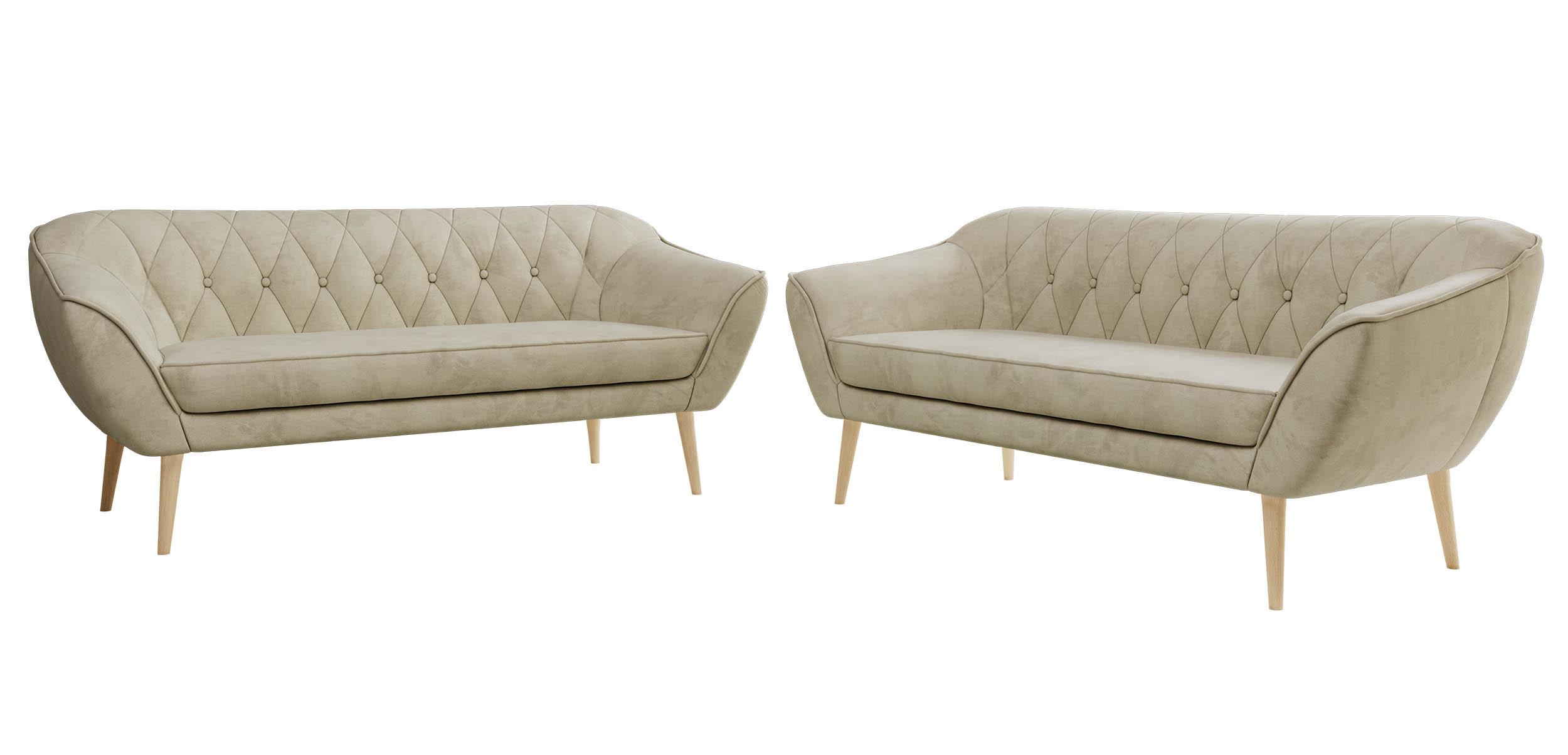 SITZGARNITUR PIRS 3+3 - Beige Velvet - Holzbeine - Beige/Buchefarben, Holzwerkstoff/Textil (180/75/74cm) - MKS