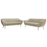 SITZGARNITUR PIRS 3+3 - Beige Velvet - Holzbeine - Beige/Buchefarben, Holzwerkstoff/Textil (180/75/74cm) - MKS