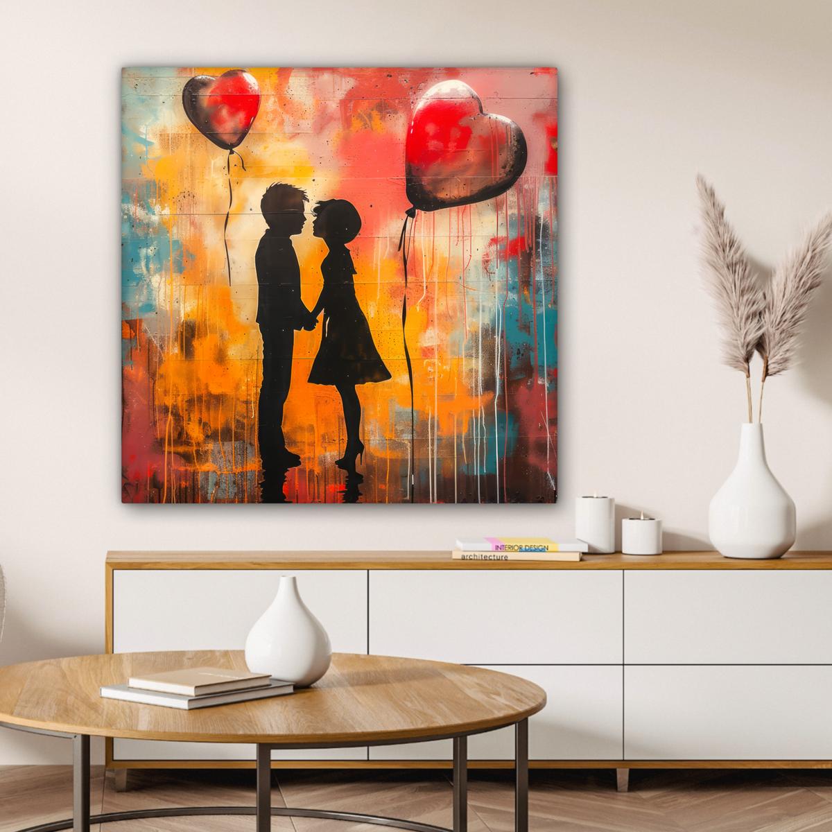 LEINWANDBILD Straßenkunst - Liebe - Graffiti - Kunst - Banksy Deko Groß 90x90 cm - Orange, Textil (90/90cm) - MuchoWow