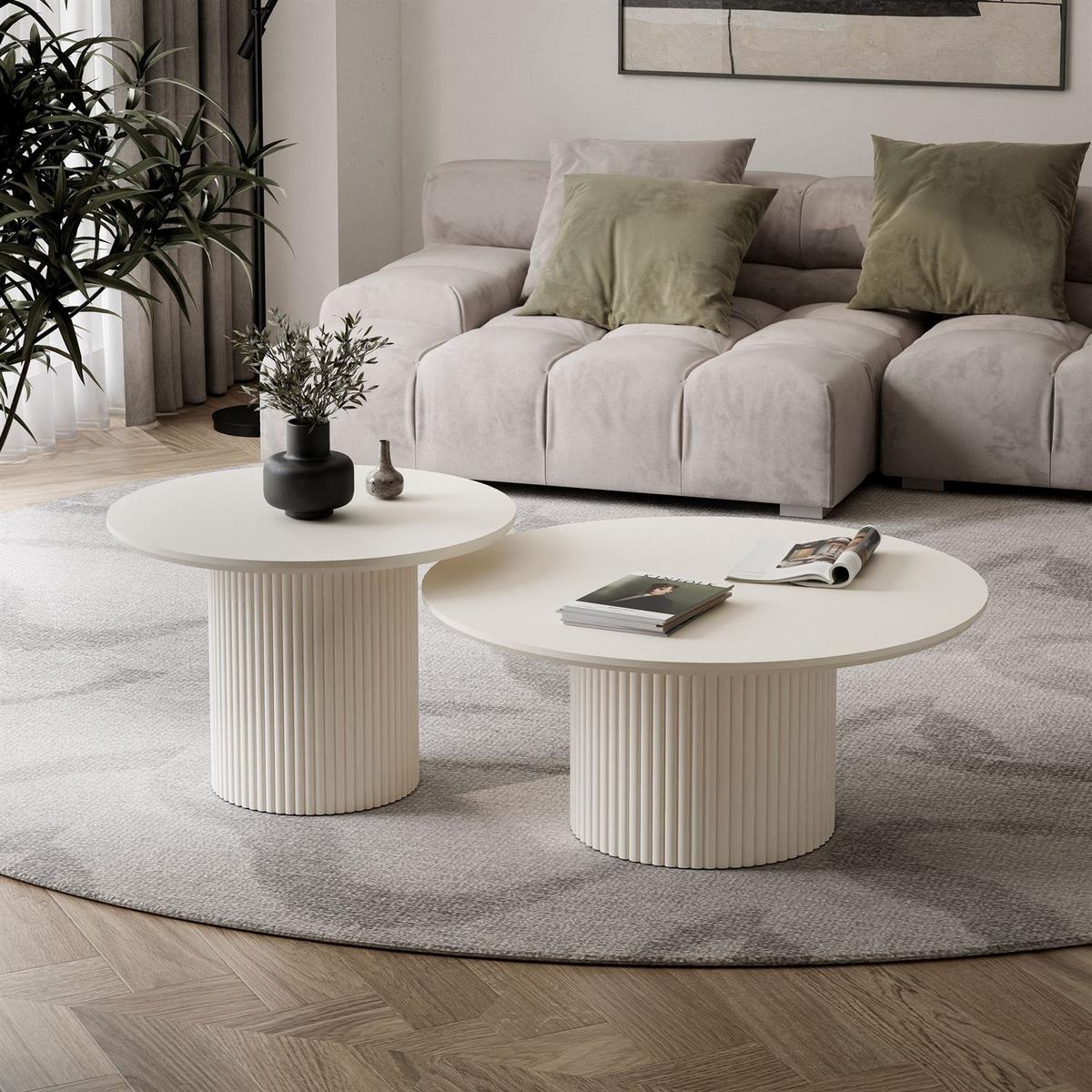 SET OVI Beistelltische mit geriffeltem Fuß Ivory - Creme, Holzwerkstoff (60/60/42cm) - Lookway