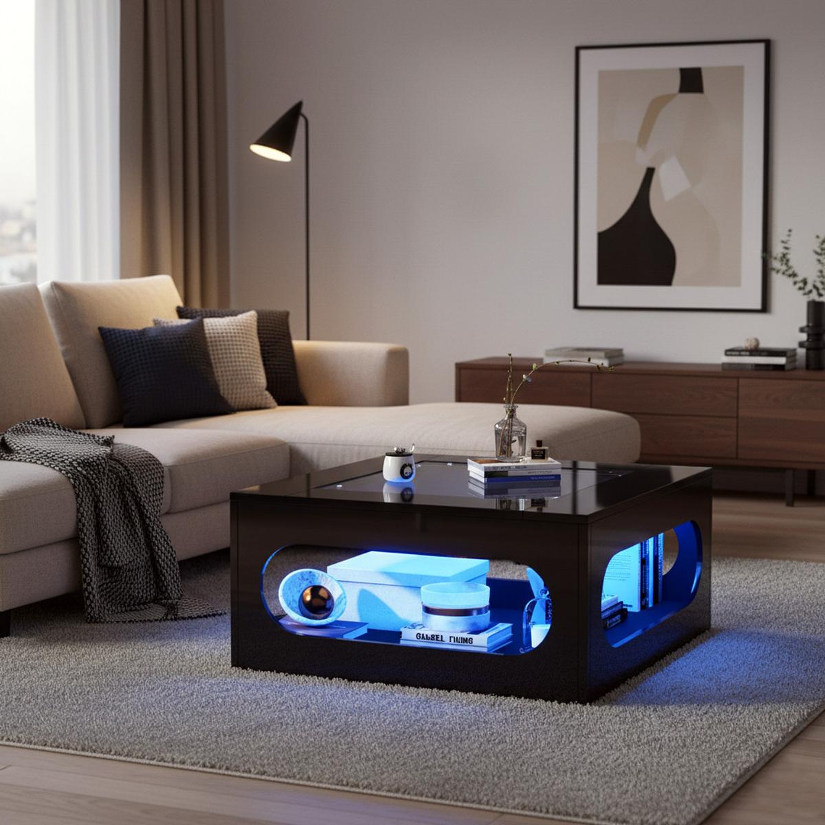 COUCHTISCH in Schwarz-Hochglanz mit LED-Beleuchtung und Glasplatte - Weiß, Holzwerkstoff (70/70/35cm) - Urban Meuble