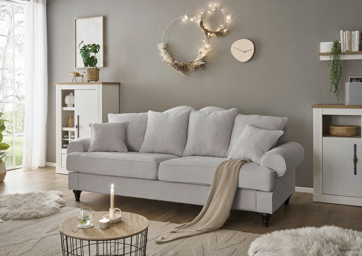 SOFA hellgrau Landhaus, Couch 3,5-Sitzer 230 cm - Hellgrau, Holz/Textil (230/95/100cm) - Furn.Design