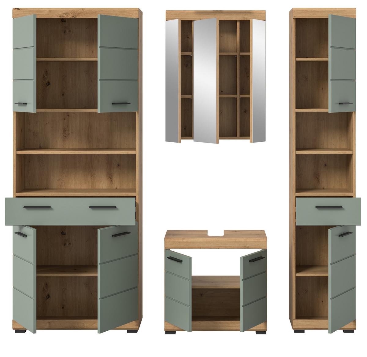 BADMÖBEL-SET Salbei grün, Eiche Artisan 4-teilig 200 cm, Komplettset mit viel Stauraum - Salbeigrün/Schwarz, Glas/Holzwerkstoff (186/191/34cm) - Inn.Furn