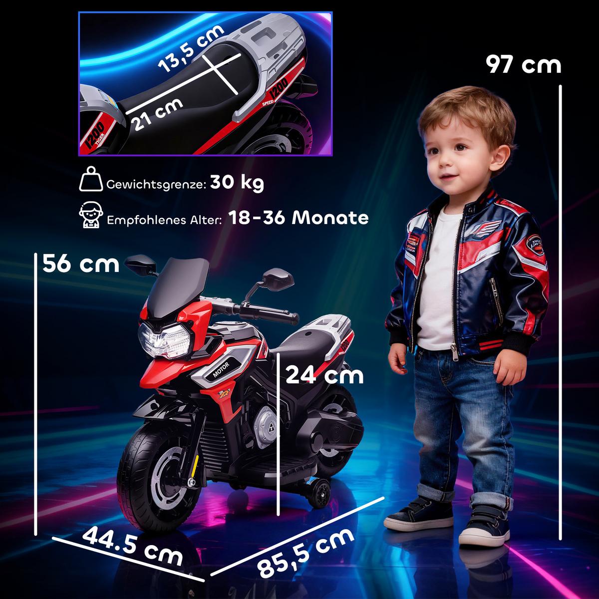 ELEKTRO-MOTORRAD mit 2 Hilfsrädern 6V, Rot - Rot, Kunststoff (85.5/44.5/56cm) - AIYAPLAY