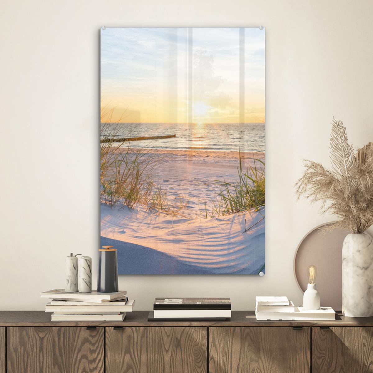 ACRYLGLASBILD Strand - Sonne - Düne - Gras - Sand - Horizont Wanddeko Wohnzimmer 40x60 cm - Hellblau, Glas (40/60cm) - MuchoWow