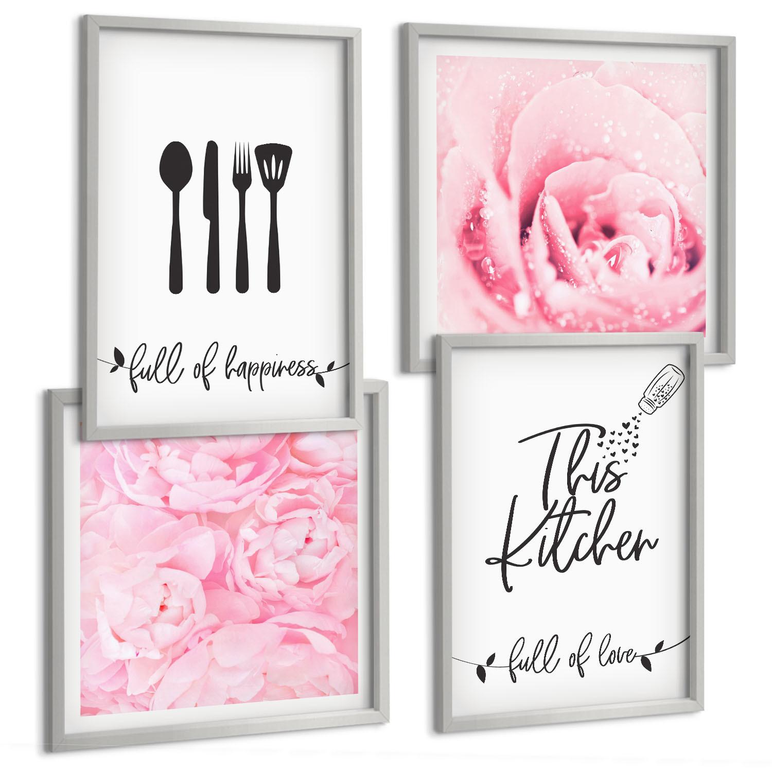 BILDER SET 4er Set - 50x50 cm & 40x60 cm Silberner Rahmen - Zarte Rosenblüten für die Küche - Silberfarben, Kunststoff (50/50cm) - TULUP