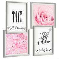 BILDER SET 4er Set - 50x50 cm & 40x60 cm Silberner Rahmen - Zarte Rosenblüten für die Küche - Silberfarben, Kunststoff (50/50cm) - TULUP