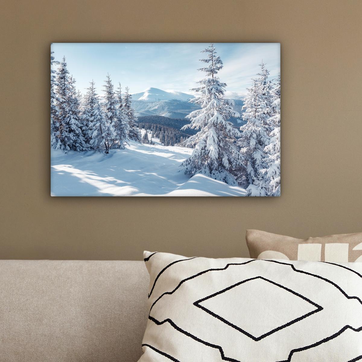 LEINWANDBILD Winterlandschaft - Natur - Berge - Bäume - Schnee Deko Schlafzimmer 30x20 cm - Hellblau, Textil (30/20cm) - MuchoWow