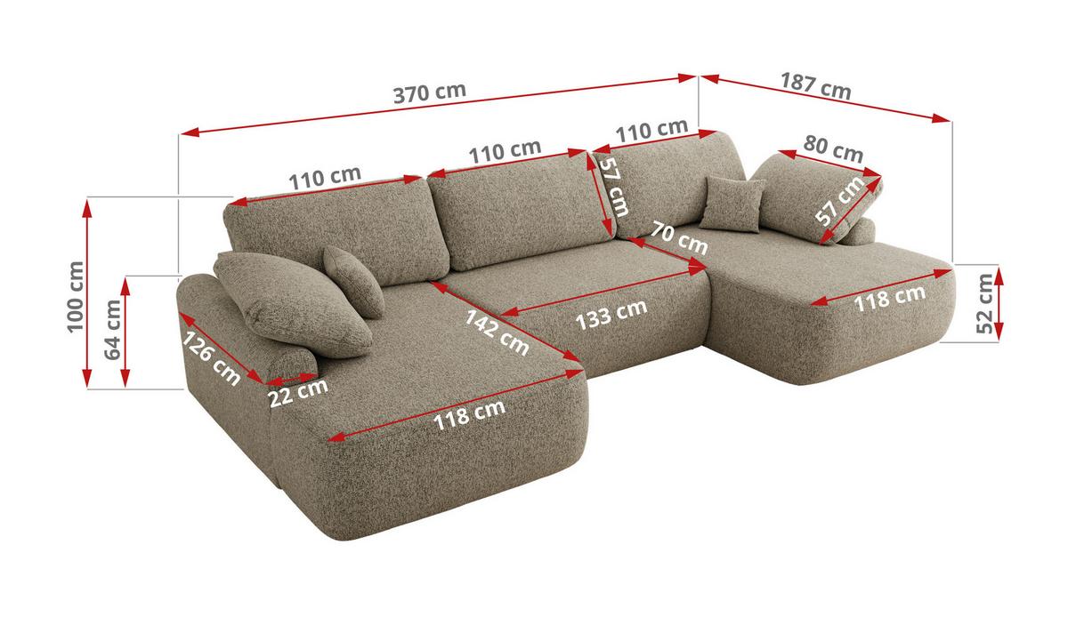 WOHNLANDSCHAFT CUBO U Dunkelbeige Struktur - Ecru/Beige, Kunststoff/Textil (370/100/187cm) - MKS