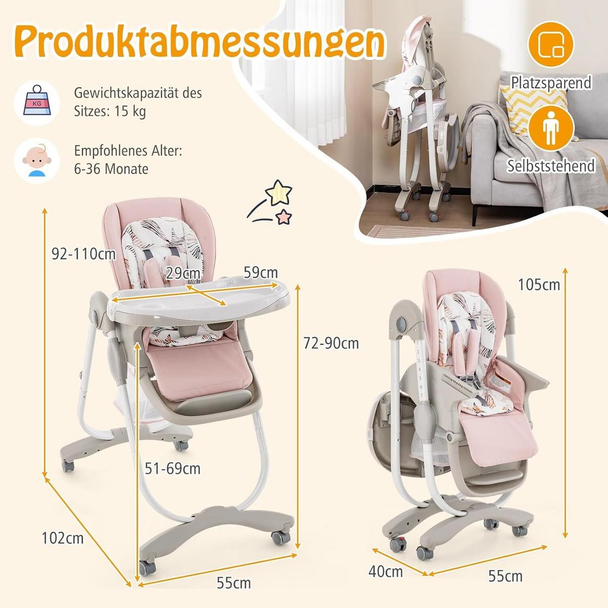 KINDERHOCHSTUHL Höhenverstellbar rosa - Pink, Kunststoff (102/92/55cm) - COSTWAY
