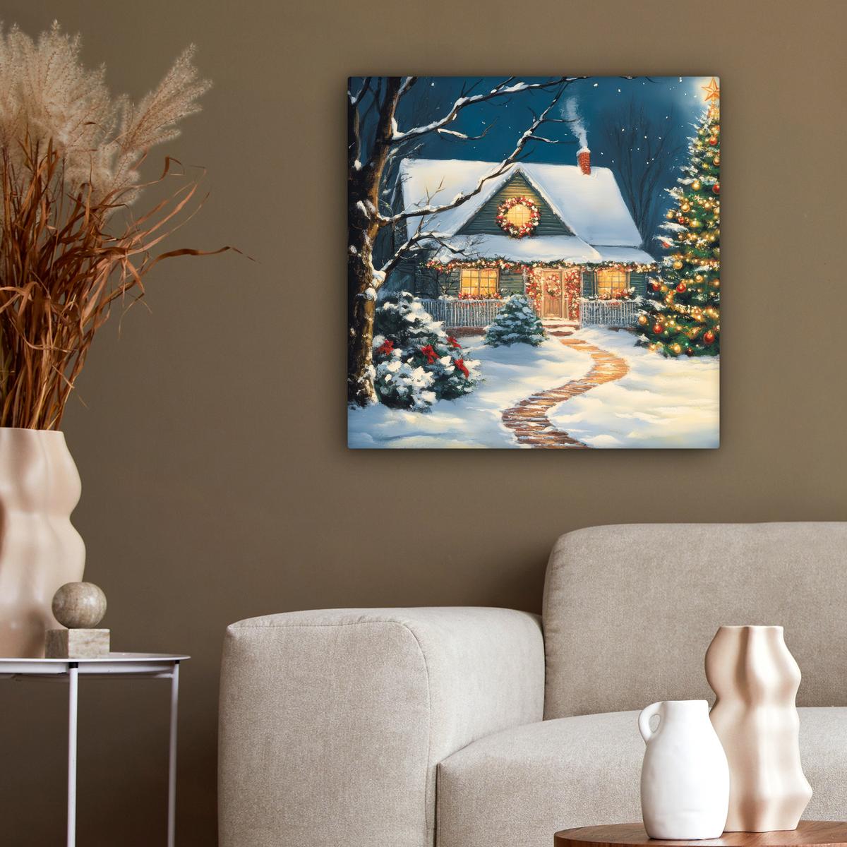 LEINWANDBILD Weihnachten - Weihnachtsbaum - Winter - Zuhause - Schnee Wandbild Wohnzimmer 50x50 cm - Smaragdgrün, Textil (50/50cm) - MuchoWow