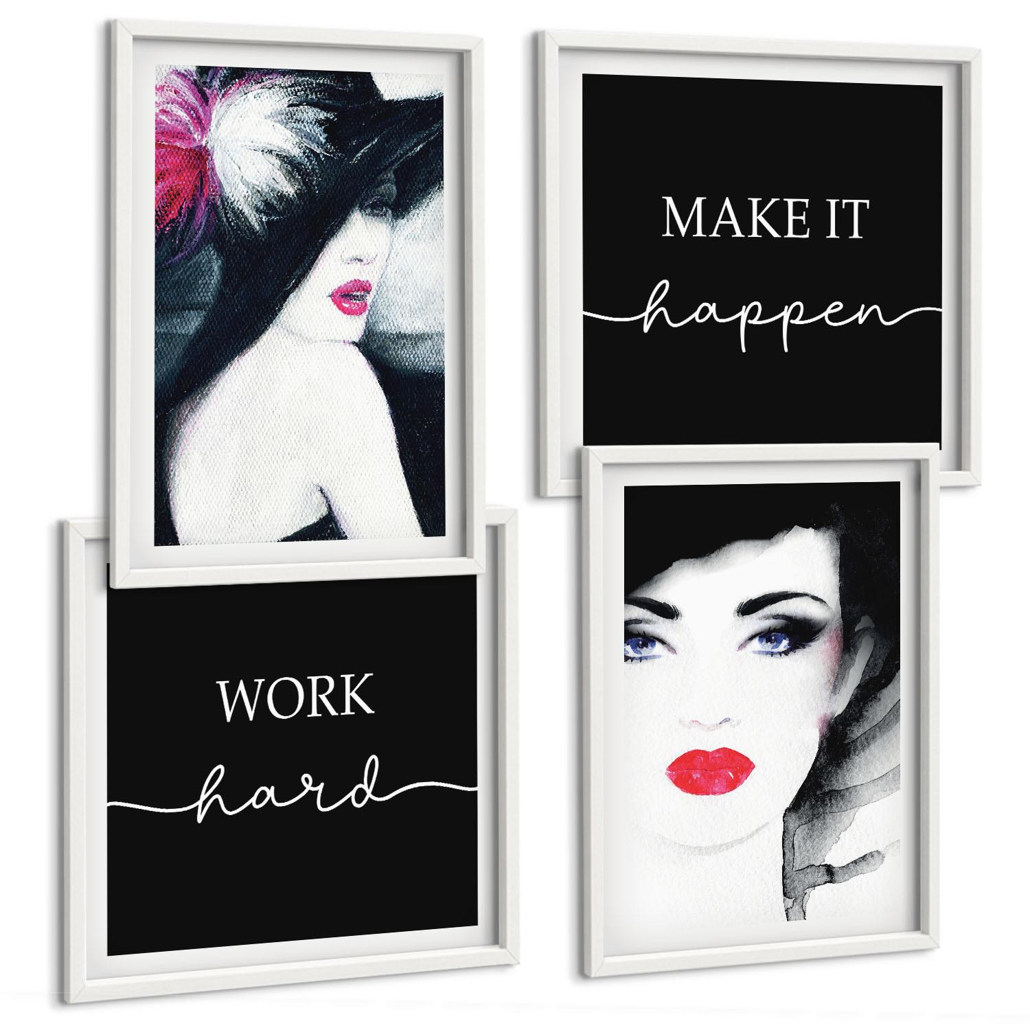 BILDER SET 4er Set - 50x50 cm & 40x60 cm Weißer Rahmen - Porträts von Frauen mit Lippen - Weiß, Kunststoff (50/50cm) - TULUP
