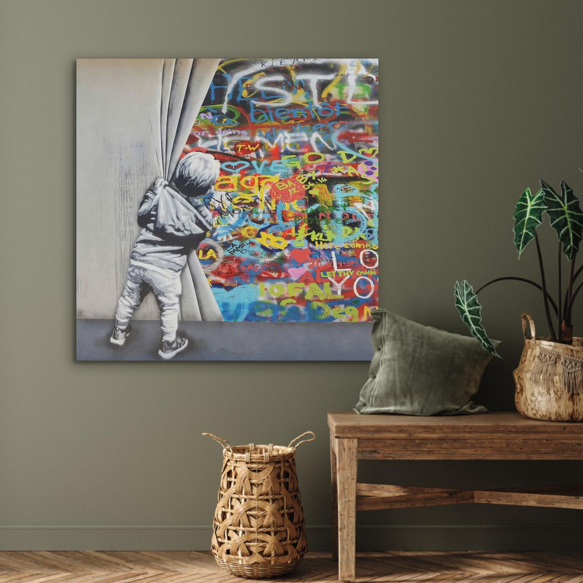 AKUSTIKBILD Graffiti - Junge - Ilussie - Straßenkunst Akustikpaneele 90x90 cm - Hellgrau, Textil (90/90/0.9cm) - MuchoWow