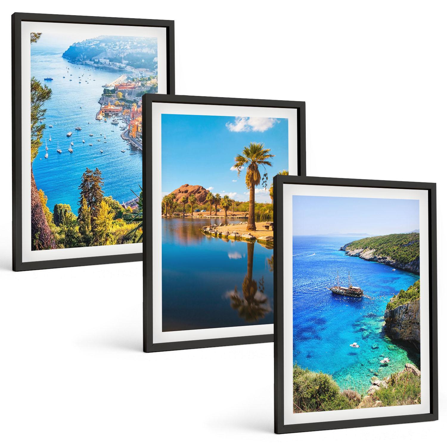 BILDER SET 3er Set - 40x60 cm Schwarzer Rahmen - Palmen am Meer, blaues Wasser - Schwarz, Kunststoff (40/60cm) - TULUP