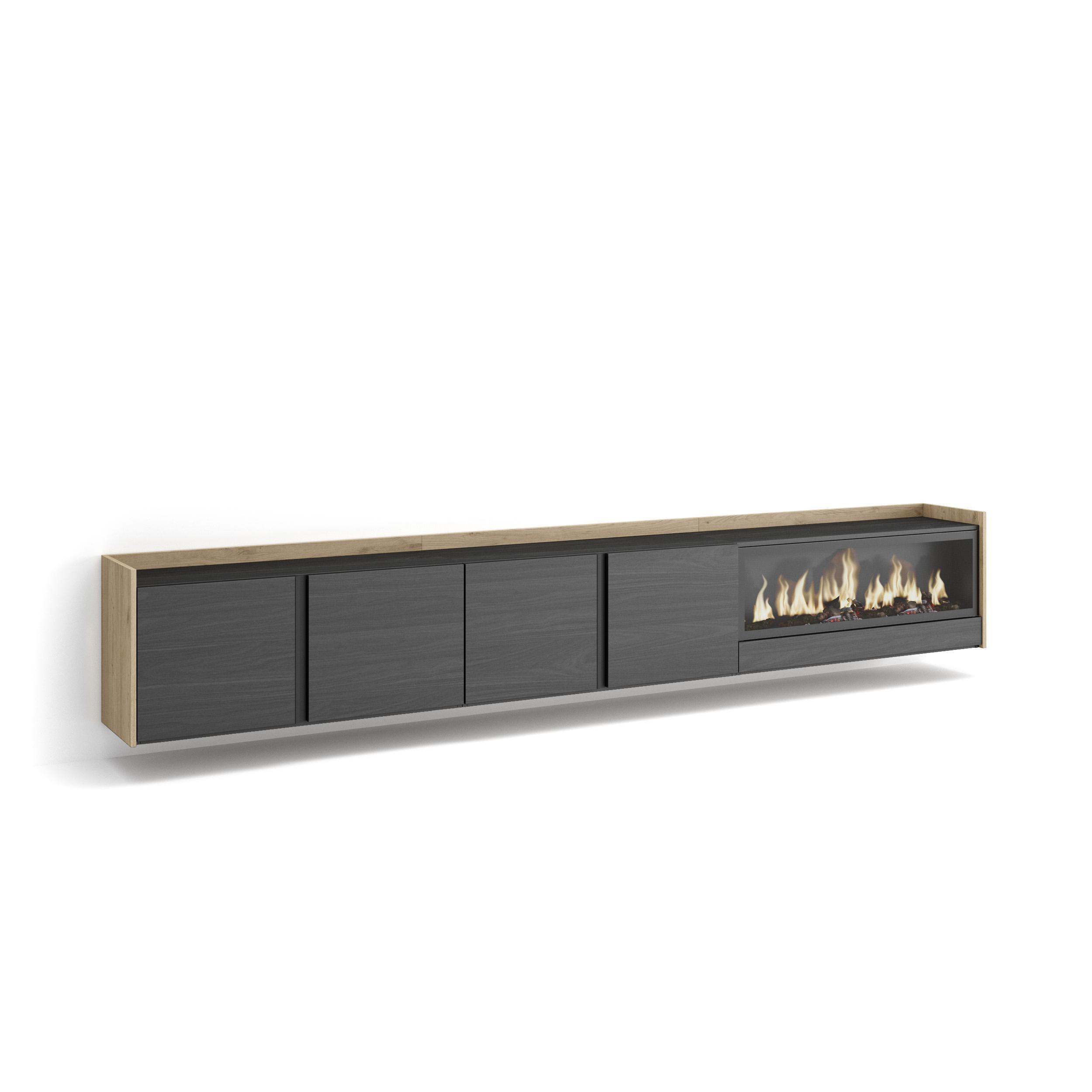 LOWBOARD, Schwarz und Eiche, 315/35/50cm, Kamin mit Feuereffekt XXL - Schwarz, Holzwerkstoff (315/50/35cm) - Skraut Home