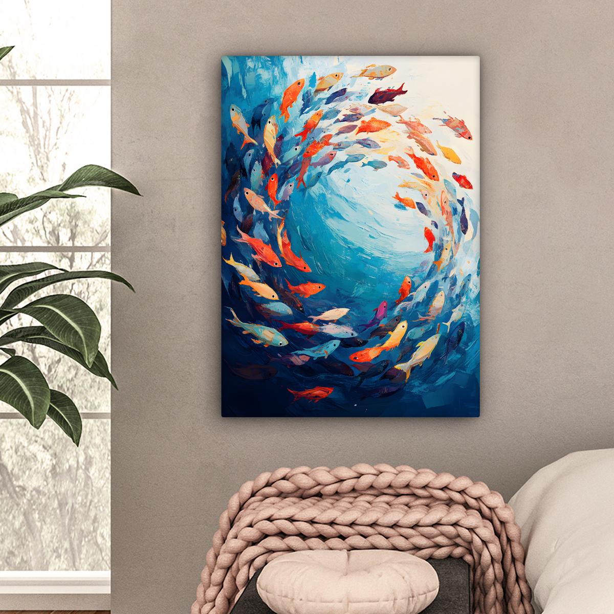 LEINWANDBILD Meer - Fische - Bunt - Dynamisch Wandbild Wohnzimmer 60x80 cm - Hellblau, Textil (60/80cm) - MuchoWow