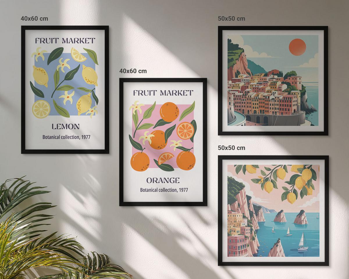 BILDER SET 4er Set - 50x50 cm & 40x60 cm Schwarzer Rahmen - Obstposter Zitronen Orangen - Schwarz, Kunststoff (50/50cm) - TULUP