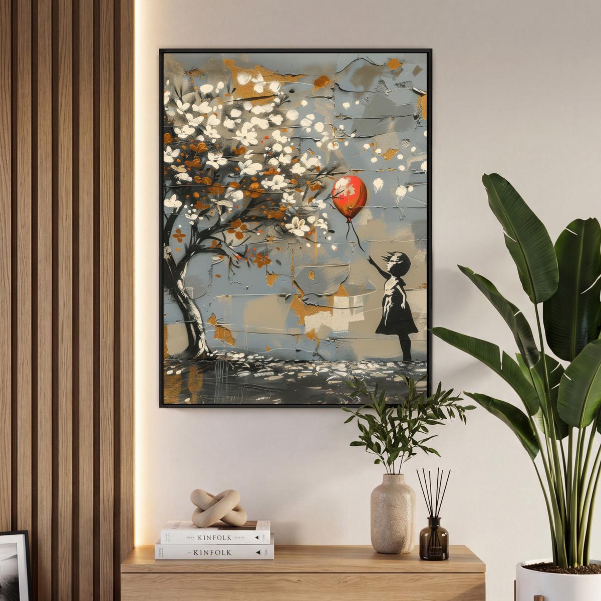 LEINWAND Bilder mit Rahmen - Baum - Graffiti - Banksy-Stil - Ballon-Mädchen - 70x100 - Blaugrau, Textil (70/100cm) - MuchoWow