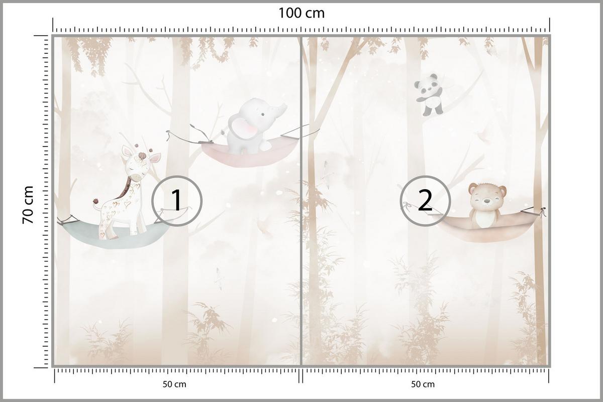 FOTOTAPETE für Kinderzimmer Tiere Hängematten WALD Elefant Giraffe 100x70 - Beige/Schwarz, Papier (100/70cm) - Muralo