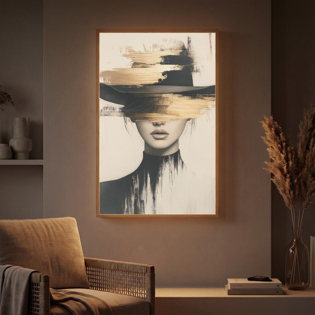 WANDLEUCHTE MIT AKKU Frau - Hut - Farbe 70x100 cm - Creme, Holzwerkstoff (70/100/8cm) - OnlyWow