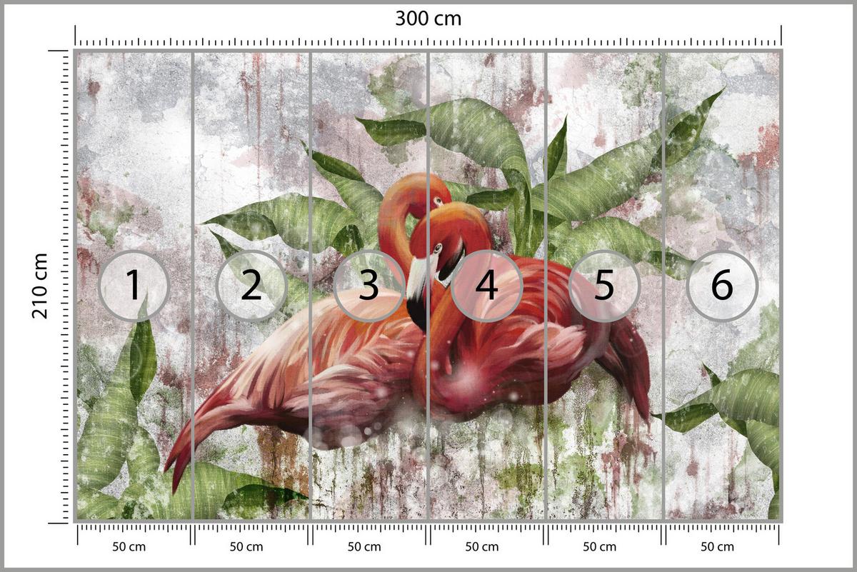 FOTOTAPETE für Schlafzimmer Abstrakte Flamingos Beton Tropische Blätter Palmen Natur 300x210 - Multicolor, Papier (300/210cm) - Muralo
