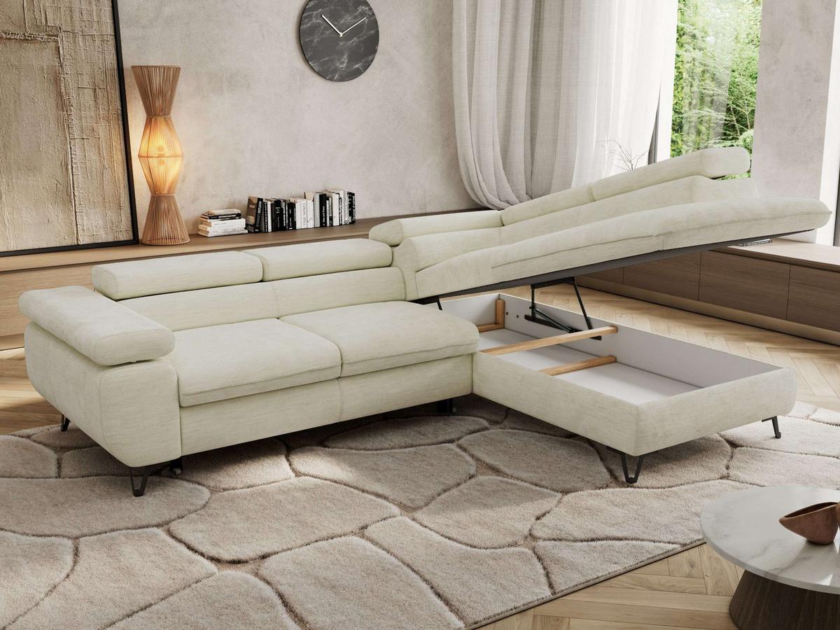 ECKSOFA PABLO L Creme Schenille glatt - Rechts Seite - Creme/Schwarz, Textil/Metall (273/208cm) - MKS