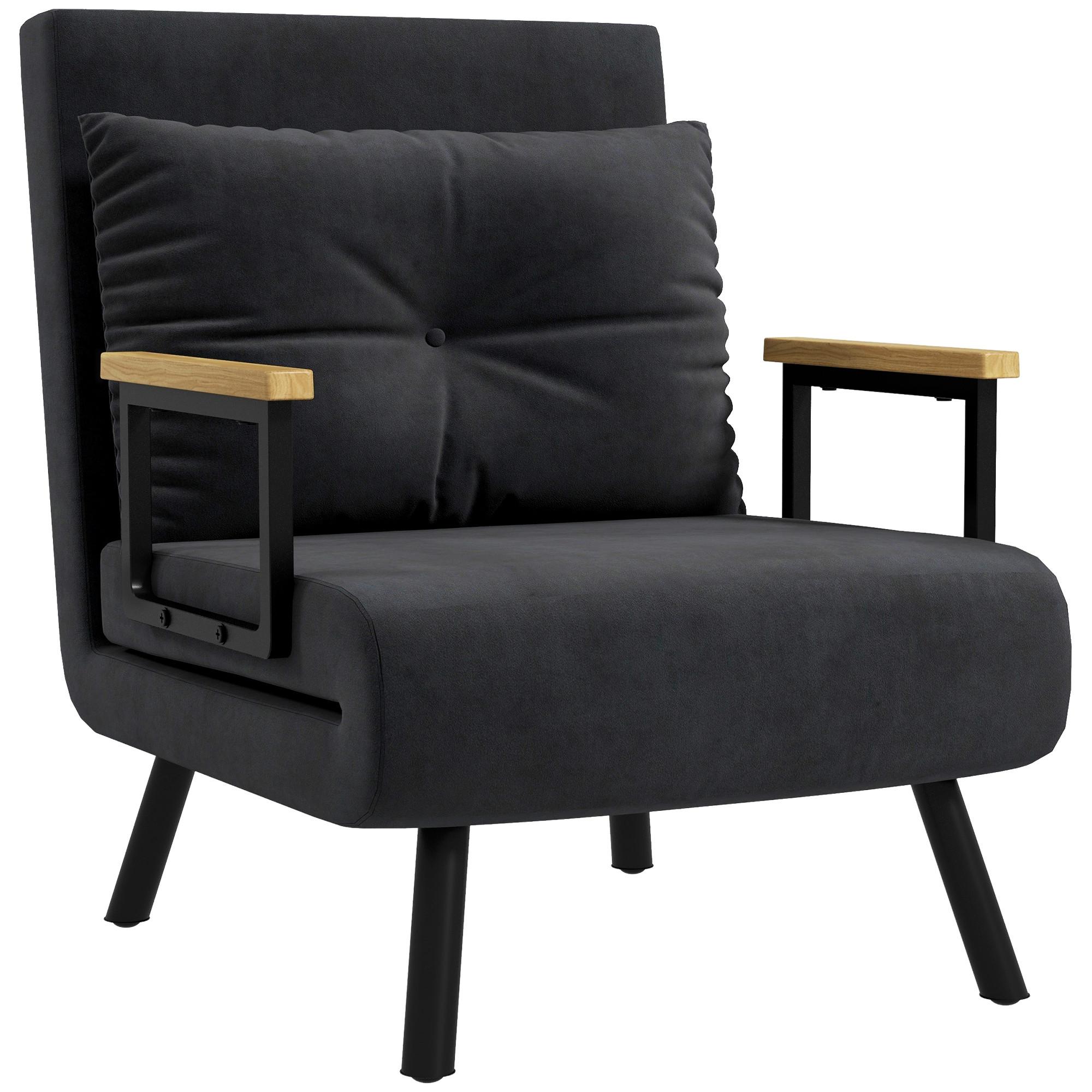 SCHLAFSESSEL, Einzelsofa mit Bettfunktion, Relaxsessel mit Rückenkissen Schwarz - Schwarz/Naturfarben, Holz/Textil (63/81/73cm) - HOMCOM