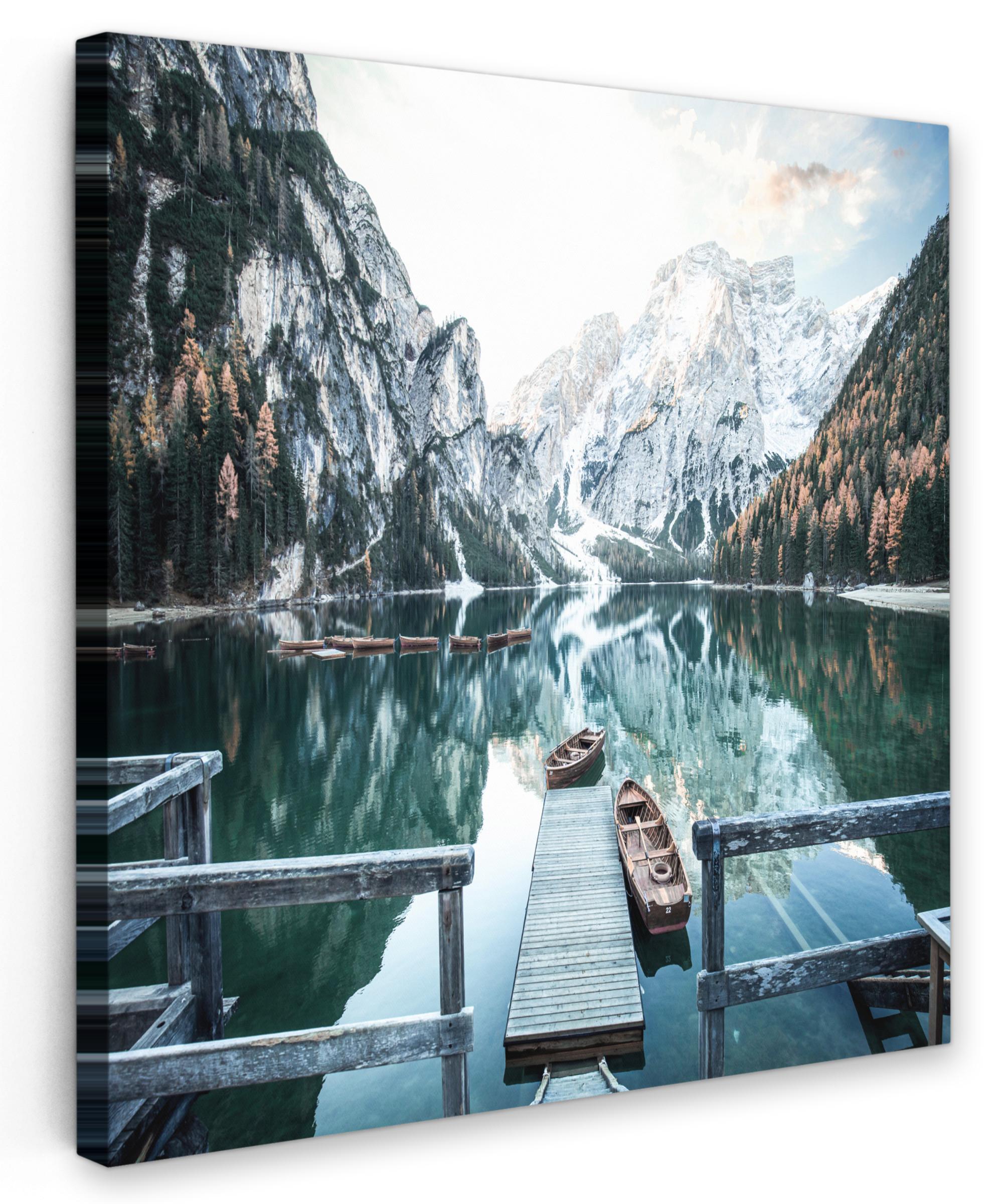 LEINWANDBILD Natur - Berge - Schnee - Wald - Boot Wandbild Wohnzimmer 50x50 cm - Hellgrün, Textil (50/50cm) - MuchoWow