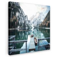 LEINWANDBILD Natur - Berge - Schnee - Wald - Boot Deko Groß 90x90 cm - Hellgrün, Textil (90/90cm) - MuchoWow