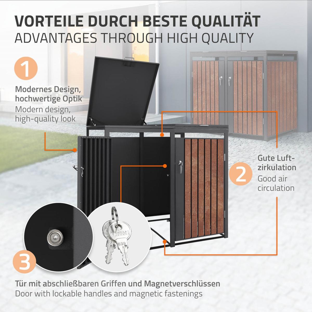 MÜLLTONNENBOX 4er Anthrazit-Rostoptik - Rotbraun, Metall (264/120/80cm) - ML-DESIGN