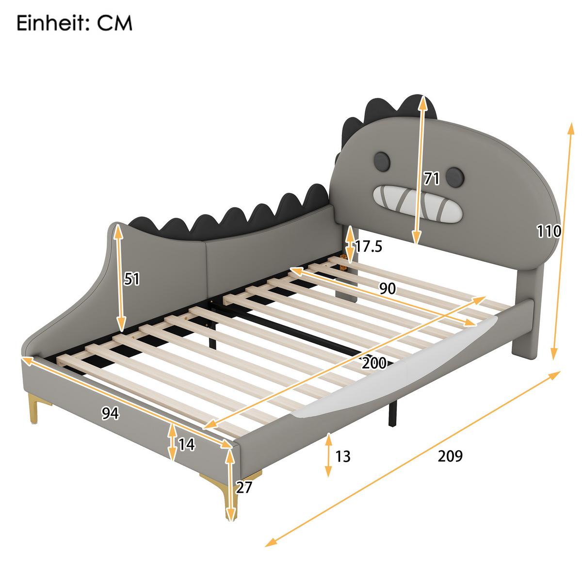KINDERBETT pu dinosaurier design 90x200cm mit lattenrost - Grau, Leder (90/200cm) - Urban Meuble